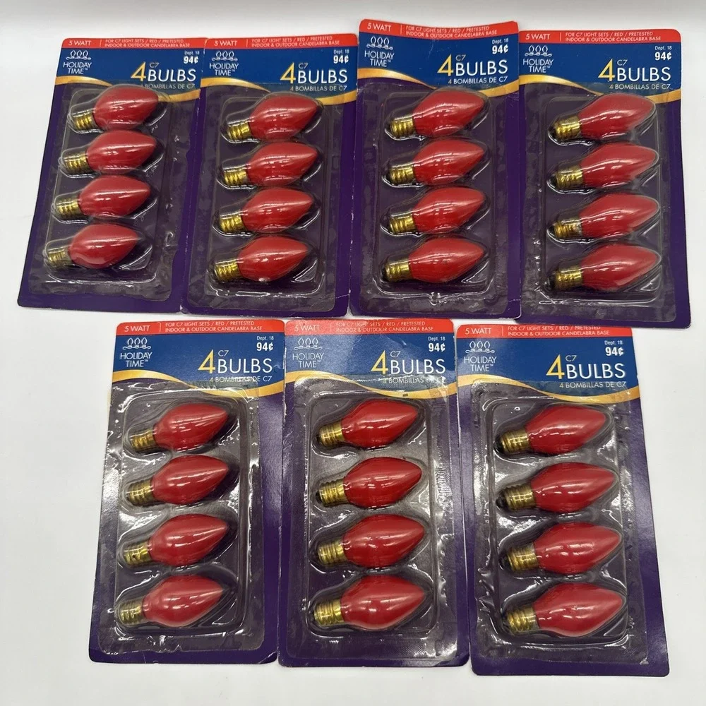 Vintage Holiday Time Red C7 Christmas Replacement Bulbs NOS 28 Bulbs 7 Packs